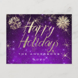 Postal Happy Holidays Script Gold Snow Purple Spark Name