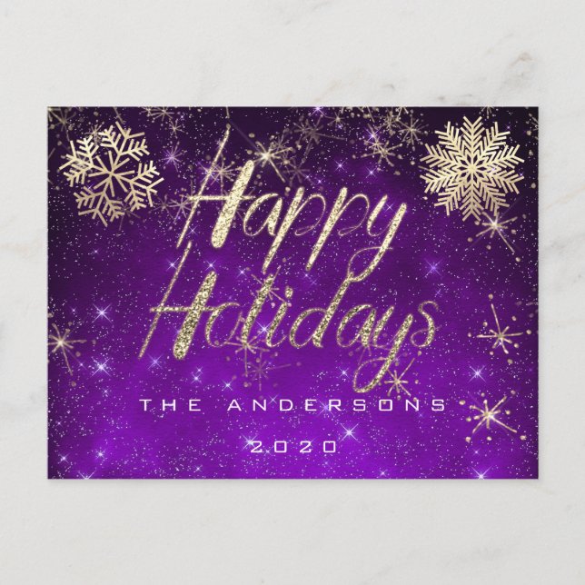 Postal Happy Holidays Script Gold Snow Purple Spark Name (Anverso)