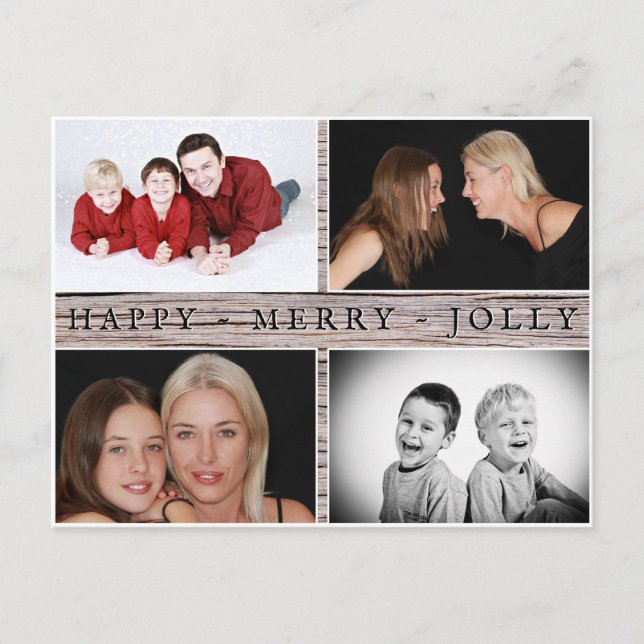 Postal Happy Merry Jolly Rustic Family 4 Collage de fotos (Anverso)