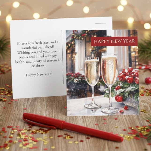 Postal Happy New Year Champagne & Red Berries Holiday (Subido por el creador)