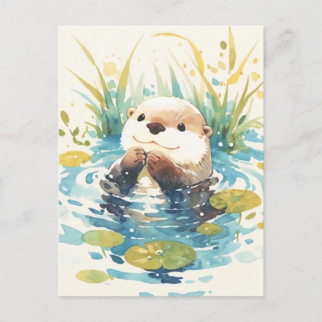 Postal Happy Otter in Watercolor Lily Pond (Anverso)
