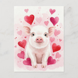 Postal Happy Pig Love Hearts Young Animals Postcard