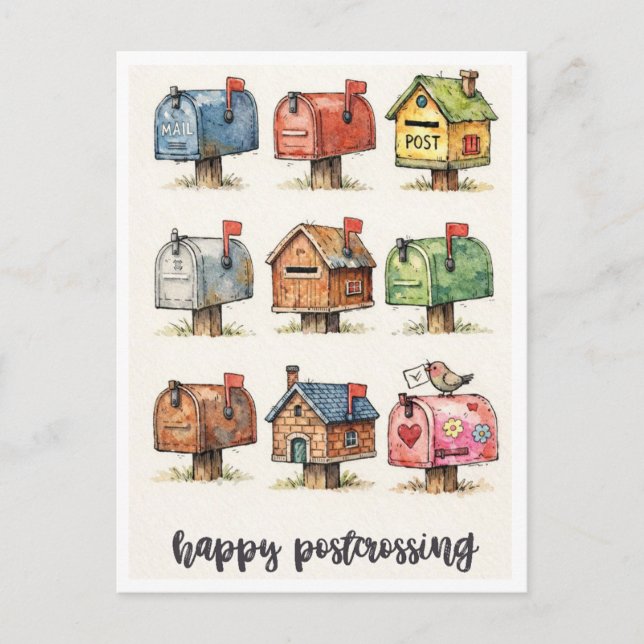 Postal Happy Postcrossing Watercolor Mailbox Illustration (Anverso)