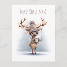 Postal Happy reindeer holds hot mug, Christmas