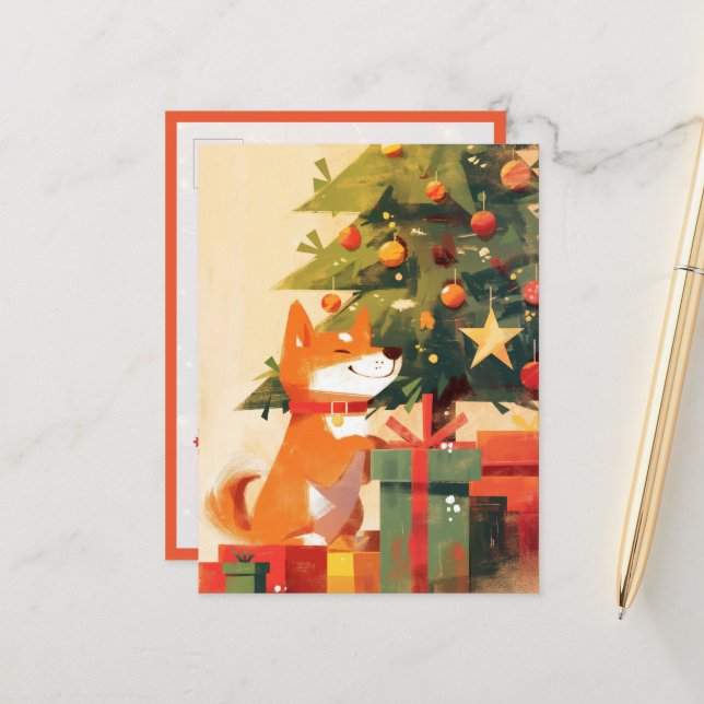 Postal Happy Shiba Inu beside Christmas Tree and Gifts (Anverso/Reverso In Situ)