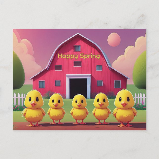 Postal Happy Spring Five Yellow Chicks in Barnyard (Anverso)