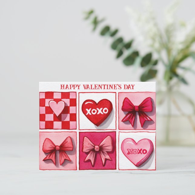 Postal Happy Valentine’s Day Pink & Red XOXO Card (Anverso de pie)