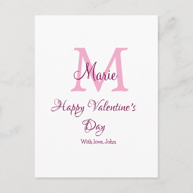 Postal Happy valentine's day monogram pink name love girl (Anverso)