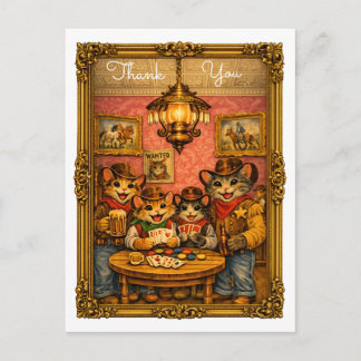Postal Happy Western Cowboy Cats Saloon Scene Thank You