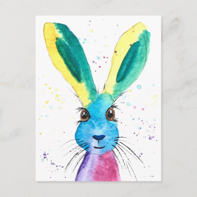 Postal Hare acuarela animal lindo conejo Colorful (Anverso)