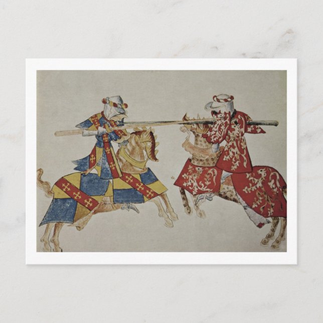 Postal Harley 4205 f.366 caballeros Jousting, c.1445 (Anverso)