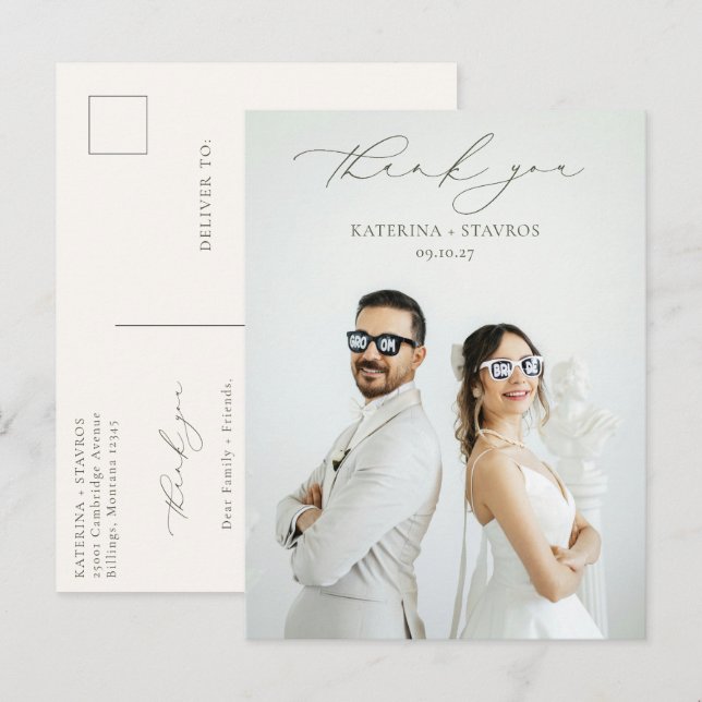 Postal HARMONY Olive Green Script Boda Foto Gracias