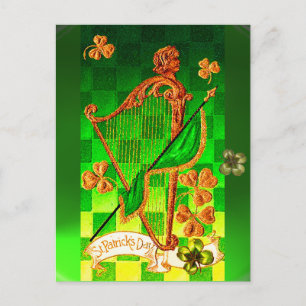 Postal HARP IRLANDÉS, VERDE GOLD SHAMROCKS St Patrick's D