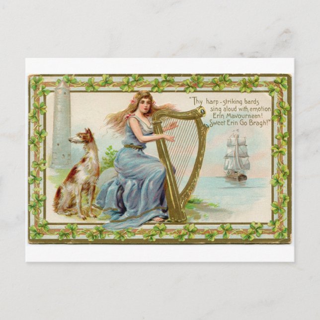 Postal Harp & lady del día de San Patrick original (Anverso)