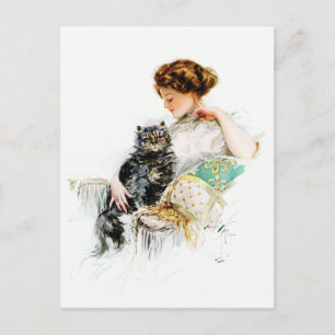 Postal Harrison Fisher: Mujer con gato