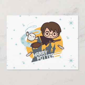 Postal Harry de dibujos animados y Hedwig volando más all