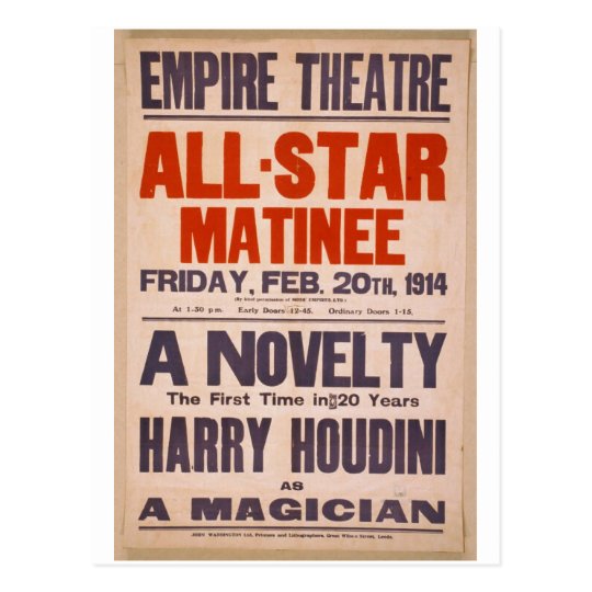 Postal Harry Houdini, como teatro retro "de un mago"