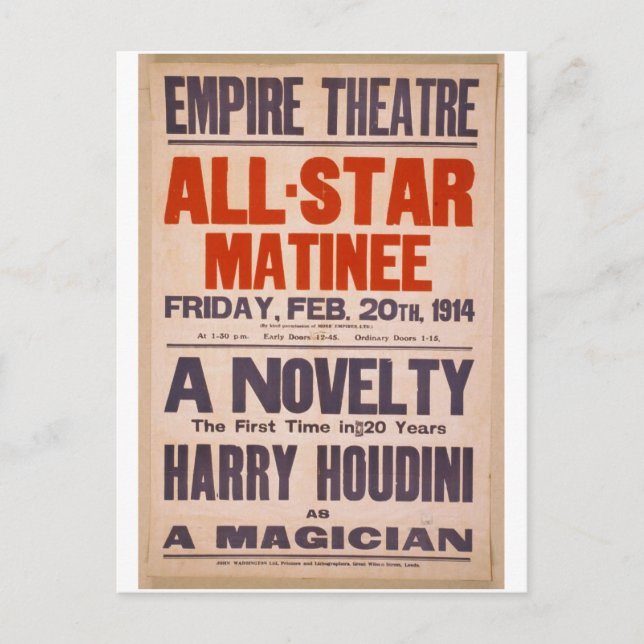 Postal Harry Houdini, como teatro retro 'mago' (Anverso)