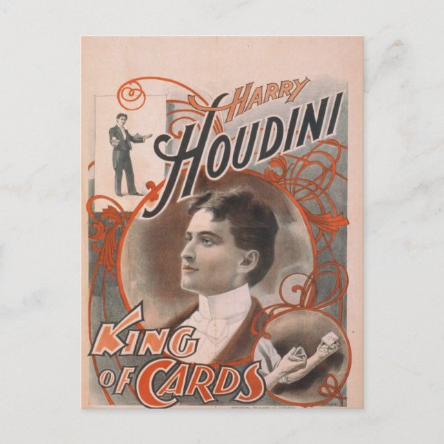 Postal Harry Houdini, el teatro de moda "King of Cards" (Anverso)