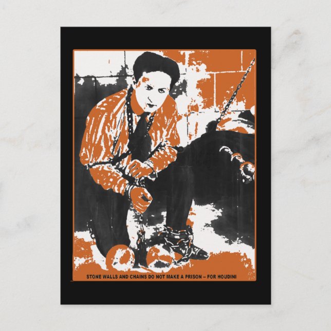 Postal HARRY HOUDINI Ilustracion de arte negro y Naranja (Anverso)