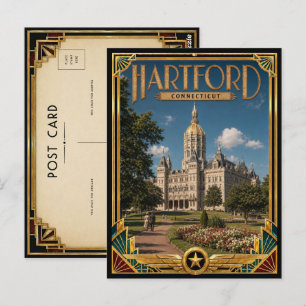 Postal Hartford Connecticut Arte Deco Vintage Edad Dorada