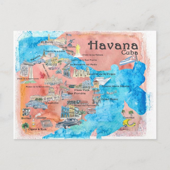 Postal Havana Cuba Ilustró mapa de viajes (Anverso)