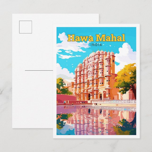 Postal Hawa Mahal India Ilustracion de viaje vintage (Anverso / Reverso)