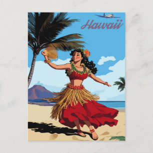 Postal Hawái, chica bailando hula en la playa, viaje