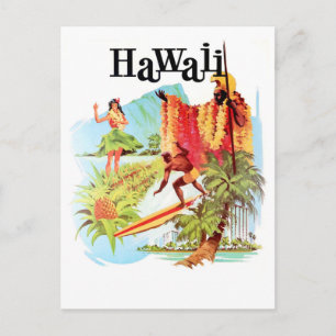 Postal Hawái, chica hula y nativos te dan la bienvenida a