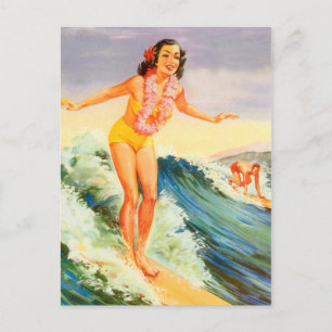 Postal Hawái, chica surfista hawaiana en una ola grande, 