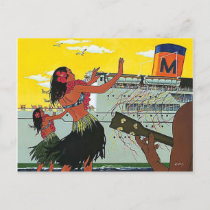 Postal Hawái, chicas bailando hula dan la bienvenida a un