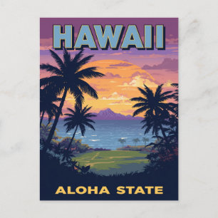 Postal Hawái Estado Aloha Atardecer Vintage Palmeras