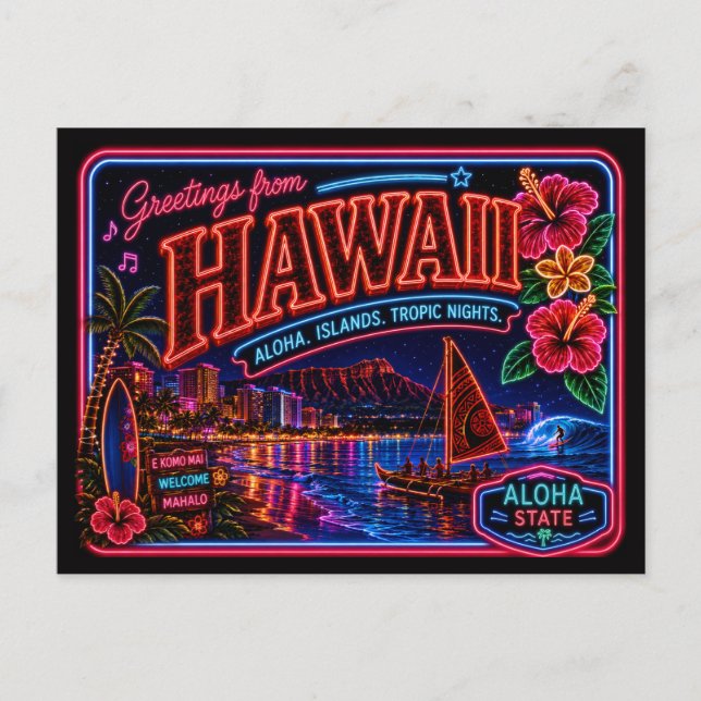 Postal Hawái Estado Neón Retro Vintage (Anverso)