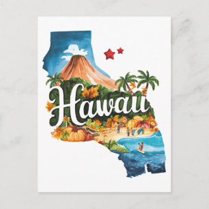 Postal Hawái Estado USA Forma Acuarela Vintage
