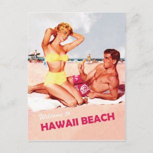 Postal Hawái, feliz pareja de surfistas, viaje vintage