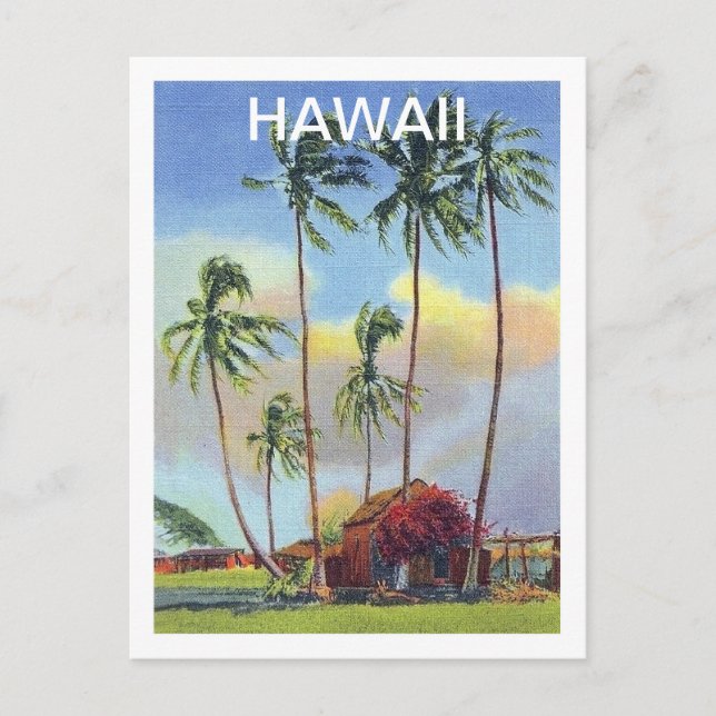 Postal Hawái, isla tropical, vieja cabaña con palmeras (Anverso)
