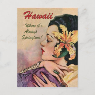 Postal Hawái, mujer con una gran flor tropical en el pelo