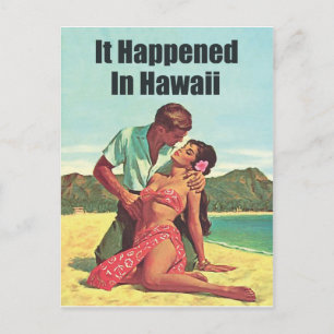 Postal Hawái, romance en la playa tropical, viaje vintage