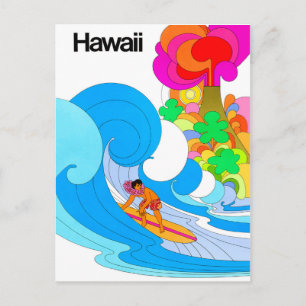 Postal Hawái, surf en olas grandes, ilustración de los se