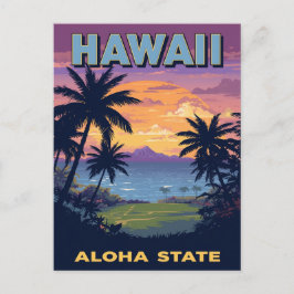Postal Hawaii Aloha State Vintage Sunset Palm Trees