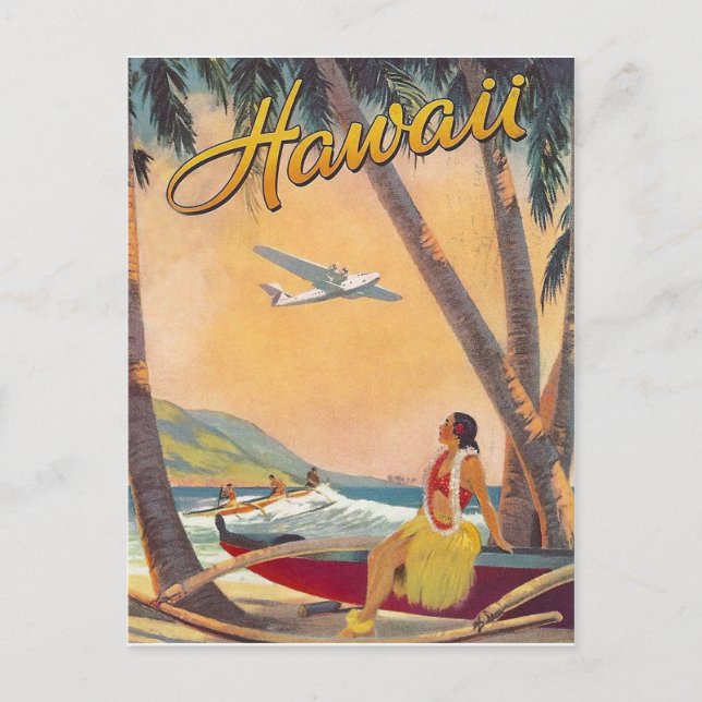 Postal Hawaii, chica hula en la costa tropical, aerolínea (Anverso)