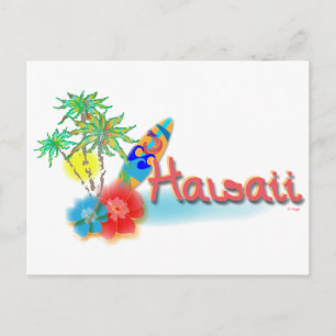 Postal Hawaii con palmeras, flores y tablas de surf
