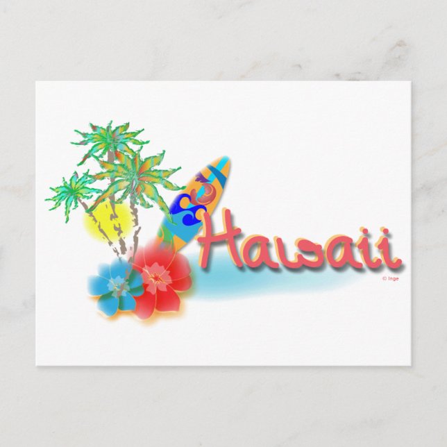 Postal Hawaii con palmeras, flores y tablas de surf (Anverso)