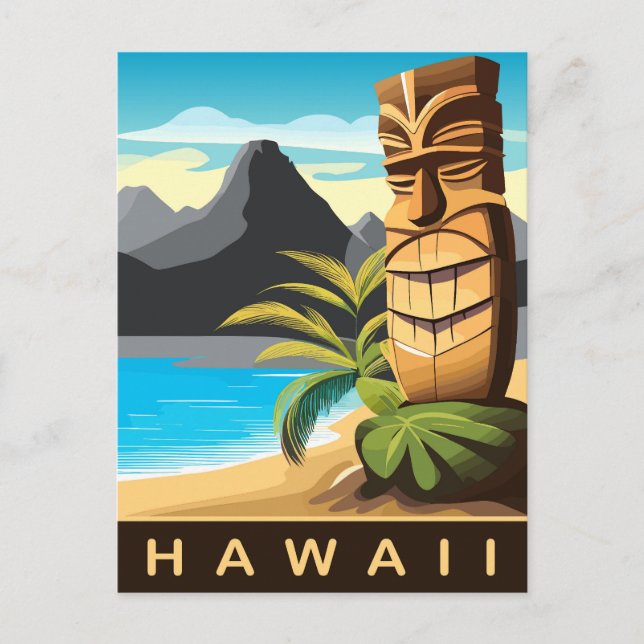 Postal Hawaii, estatua de Tiki en la playa, viajes (Anverso)