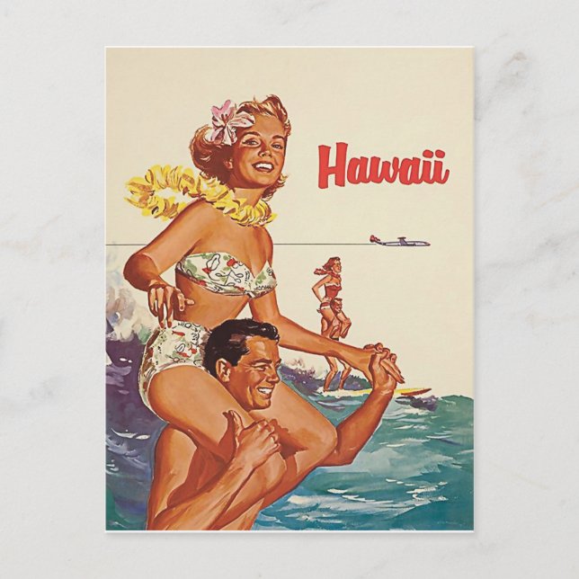 Postal Hawaii, feliz pareja de surf, viaje vintage (Anverso)