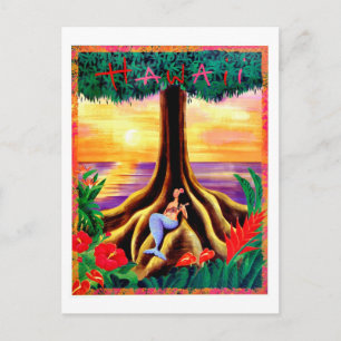 Postal Hawaii, isla trópica, sirena bajo un gran árbol