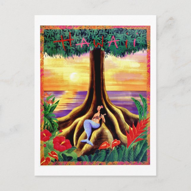 Postal Hawaii, isla trópica, sirena bajo un gran árbol (Anverso)