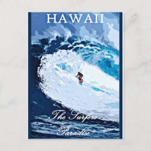 Postal Hawaii, Paraíso de Surfers, poster de viajes vinta
