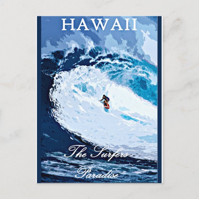 Postal Hawaii, Paraíso de Surfers, poster de viajes vinta (Anverso)