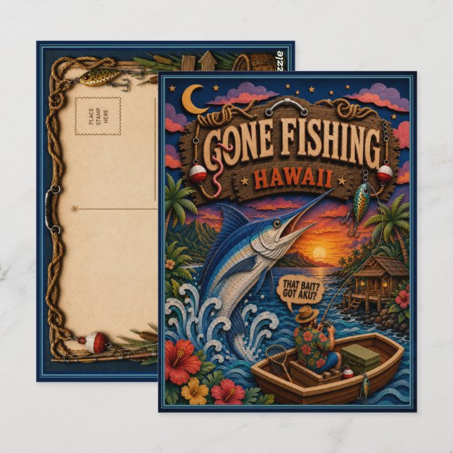 Postal Hawaii Se Fue a Pescar Marlín Azul (Anverso / Reverso)